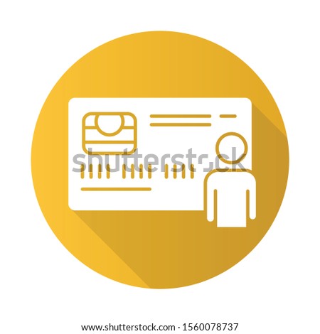 Personal credit card yellow flat design long shadow glyph icon. Purchase goods online. Pay without cash. Credit bank accout. Borrow, lend money. Open deposit. Vector silhouette illustration