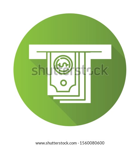 Cash advance green flat design long shadow glyph icon. Lending money. Pay for credit, loan. Managing finances and personal budget account. Currency withdrawal from ATM. Vector silhouette illustration