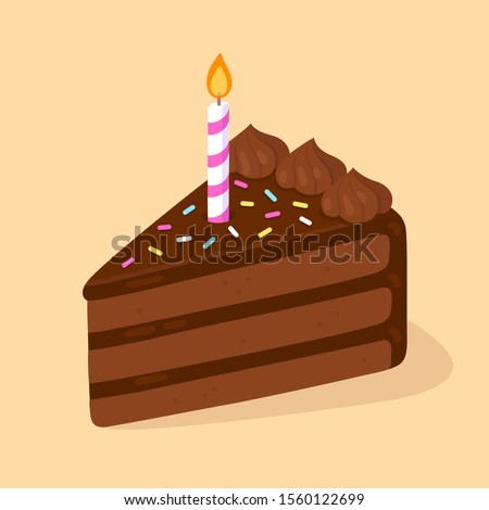 Slice of chocolate birthday cake with candle. Happy Birthday greeting card design element. Cartoon style vector clip art illustration.