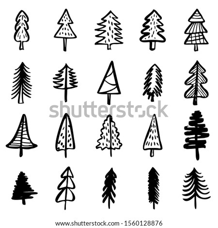 Doodle christmas tree. Xmas trees and happy new year sketch graphic vector isolated set. Winter holiday hand drawn elements. 