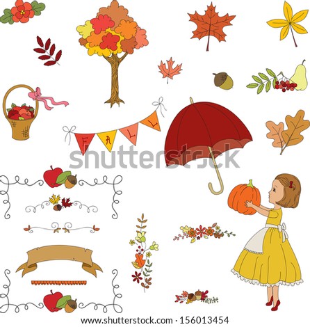 Autumn garden hand drawn clip-art. Borders, flowers, leaves, girl, umbrella, basket, banner.