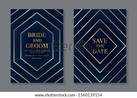 Set of modern geometric luxury wedding invitation design or card templates for business or presentation or greeting with golden hexagons and rhombuses on a navy blue background.