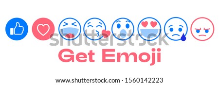 Custom emoji set for social chat reactions. Trendy like, heart, love, laugh, kisses, wonder, sad, and angry head emoticons. Send emotional stickers as message.