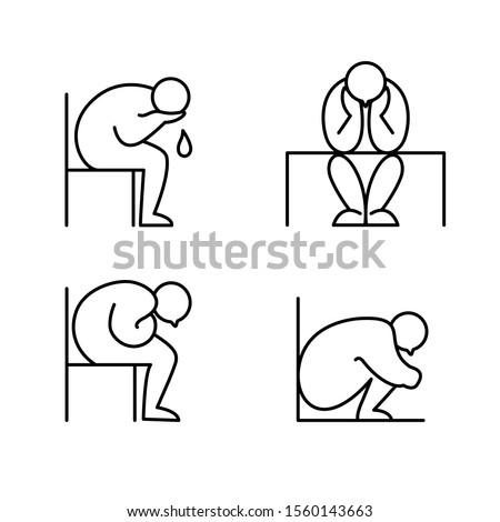 Psychology set. People icons of stressful postures. Line Icons. Editable stroke signs. Depression, illness, fear, loneliness, negative emotion conceptual cartoon illustration. Vector