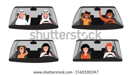 People driving car illustrations set. Arabic man wearing traditional clothing sitting at front seat of automobile. Married couple, mother and son, afro american father with daughter