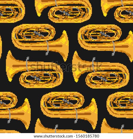 Seamless texture with pixel illustration with a tuba. Musical pixelated drawing. Music theme pattern. 