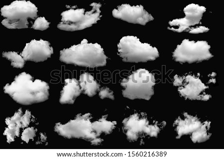 Collection  group of white clouds  on isolated elements black background. Royalty-Free Stock Photo #1560216389