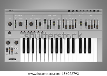 top view of gray synthesizer isolated on gray background