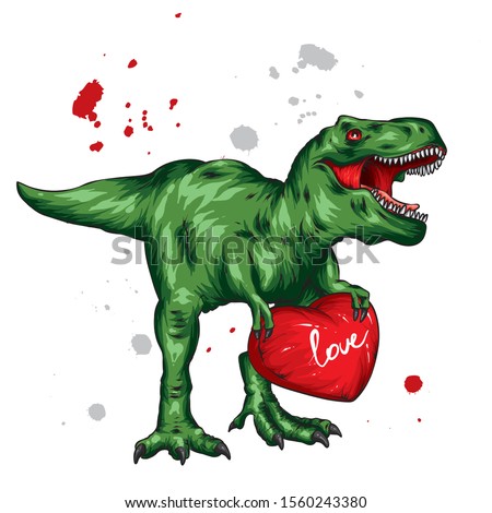 Dinosaur. Bright vector illustration. Cartoon reptile. Tyrannosaur. Print on clothes, drawing for postcards. Hipster. Valentine's Day, love, heart.
