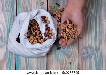 Colored dried beans on a palm on a background texture of wooden boards. Demonstration of bean crops as wealth