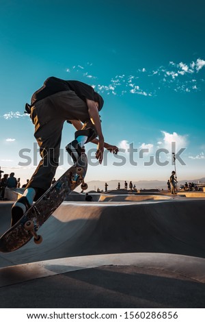 Skateboarder jumping in skate park bowl at Venice skatepark