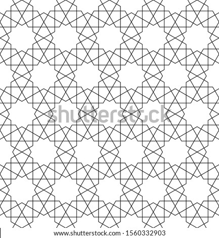 Seamless geometric ornament based on traditional arabic art. Muslim mosaic.Black and white lines.Great design for fabric,textile,cover,wrapping paper,background,laser cutting.Fine lines.