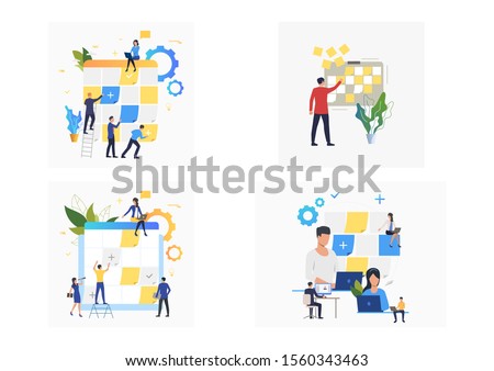 Set of colleagues planning work process. Flat vector illustrations of workers creating schedule. Business concept for banner, website design or landing web page