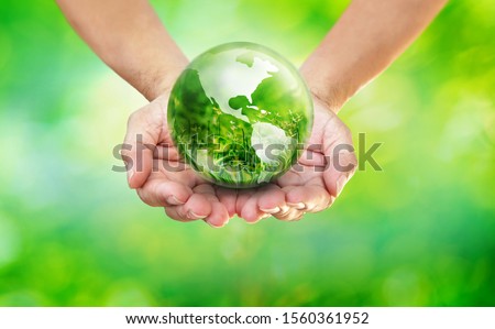 Hands holding globe glass earth with green grass field in side on blurred light nature background,  World Environment Day and Creating the Green Clean World with Your Own Way Concept Royalty-Free Stock Photo #1560361952