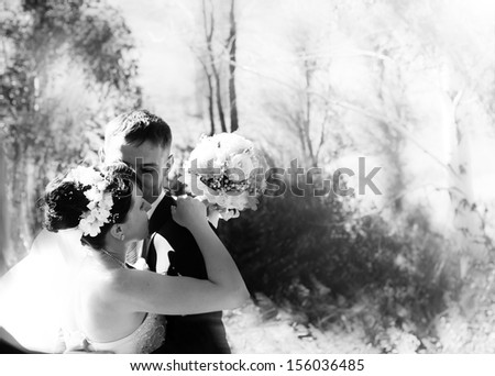 Black and white portrait of newly married couple