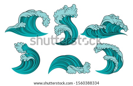 Set of turquoise sea waves. Vector illustration on a white background.
