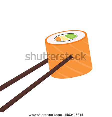Sushi vector. Sushi on white background. Salmon roll vector. Sushi on chopsticks.