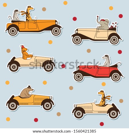 Decorative set with cute hand drawn animals like elephant, bear, zebra, giraffe, tiger. Sticker style cartoon vector illustration. Animals on retro cars.
