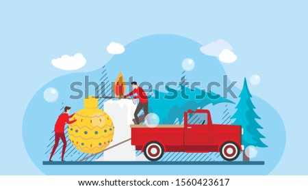 Merry Christmas and a happy new year illustration showing people lifting chrismas light in a truck. can use for landing page, web, mobile apps, ui, banner, print and social media.