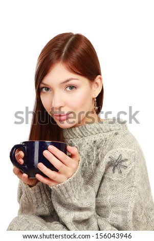Beautiful woman with cup of tea or coffee , isolated on white background