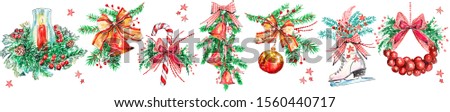Watercolor Christmas Clip Art, New Year Lovely and Bright Images, Hand Painted Sketch, Card Decorations Set, Winter Holidays Design Arrangements