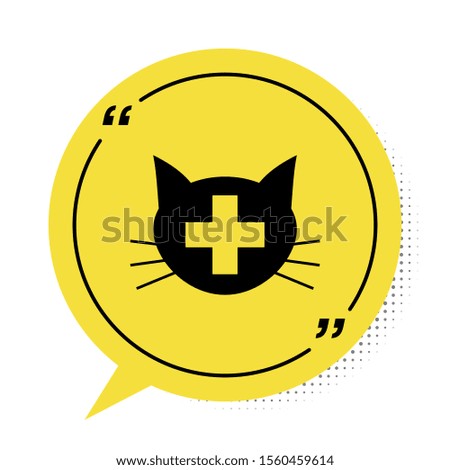 Black Veterinary clinic symbol icon isolated on white background. Cross with cat veterinary care. Pet First Aid sign. Yellow speech bubble symbol. Vector Illustration