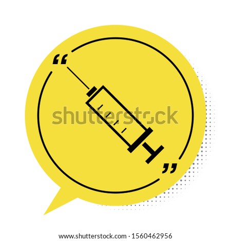 Black Syringe icon isolated on white background. Syringe for vaccine, vaccination, injection, flu shot. Medical equipment. Yellow speech bubble symbol. Vector Illustration