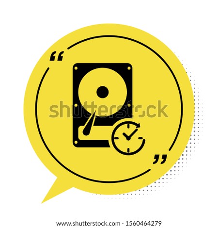 Black Hard disk drive with clockwise sign, data recovery icon isolated on white background. Yellow speech bubble symbol. Vector Illustration
