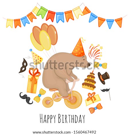 Birthday template with teddy bear for holiday card or invitation. Cartoon style. Vector illustration