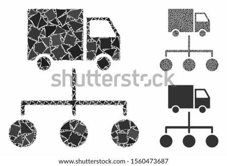 Lorry distribution scheme mosaic of abrupt items in different sizes and color tints, based on lorry distribution scheme icon. Vector irregular items are combined into collage.