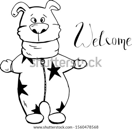 Cute animal dog in overalls with stars, scarf for coloring book, lettering, cartoon hand drawn vector illustration. Can be used for t-shirt print, kids wear fashion design, baby shower invitation card