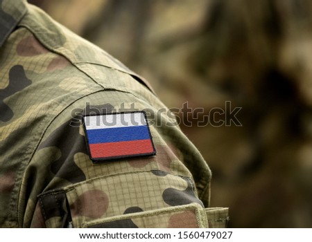 Flag of Russia on military uniform. Army, soldiers. Collage. Royalty-Free Stock Photo #1560479027
