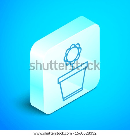 Isometric line Flower in pot icon isolated on blue background. Plant growing in a pot. Potted plant sign. Silver square button. Vector Illustration