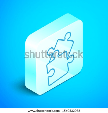 Isometric line Piece of puzzle icon isolated on blue background. Business, marketing, finance, template, layout, infographics, internet concept. Silver square button. Vector Illustration