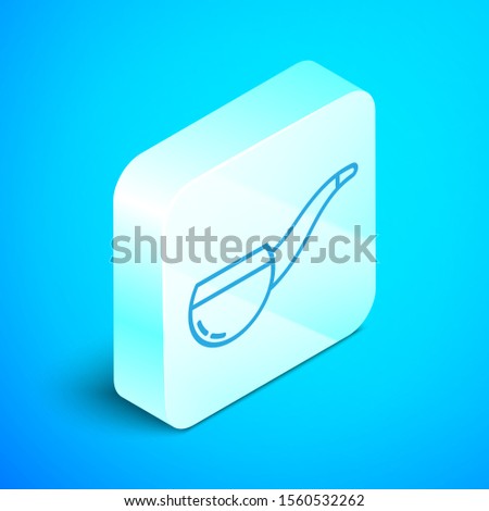 Isometric line Smoking pipe with smoke icon isolated on blue background. Tobacco pipe. Silver square button. Vector Illustration