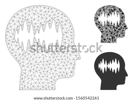 Mesh brain waves model with triangle mosaic icon. Wire carcass polygonal mesh of brain waves. Vector mosaic of triangle parts in variable sizes, and color tints.  