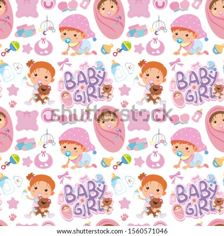 Seamless background design with baby in pink illustration