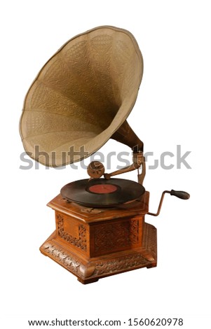 Vintage sound box musical megaphone  hooter isolated on white background. This has clipping path. Royalty-Free Stock Photo #1560620978