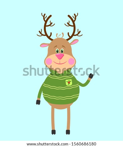 Cartoons deer in green sweater isolated on blue background. Cute funny cartoon forest animal. Merry Christmas holiday festive Illustration  for greeting card, poster, print.