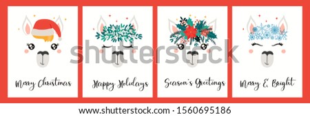 Collection of Christmas cards with different cute llama faces, in Santa Claus hat, flower wreaths, with text. Hand drawn vector illustration. Flat style design. Concept holiday print, invite, gift tag
