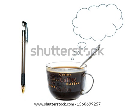 Cup of black coffee with spoon from which volatilization in shape of doodle cloud of thoughts to writing your text on empty space and black ballpoint pen on white background. Isolated.