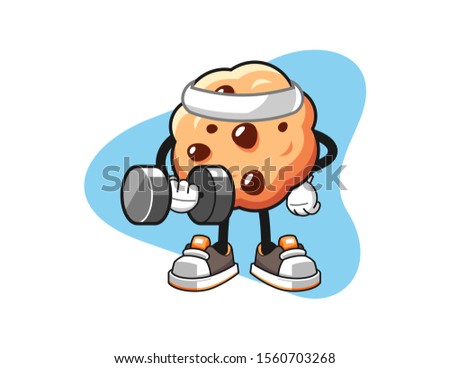Chocolate chip cookies fitness hold dumbbell cartoon. Mascot Character vector.