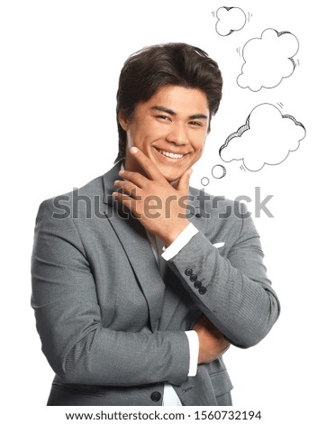Portrait of handsome Asian businessman with blank speech bubbles on white background