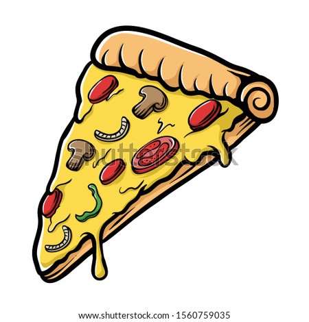Slice of pepperoni pizza illustration. Salami Pizza Slice. Delicious cheese pizza with mushroom,tomato,sausage and paprika. Pizza clip art for wall art restaurant, or t-shirt design.