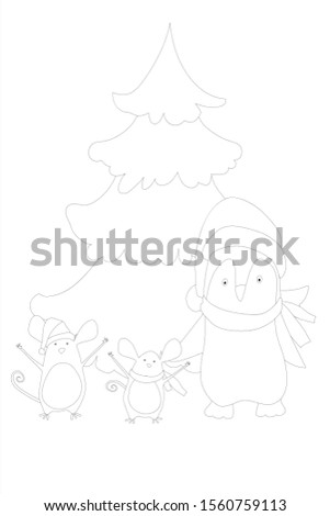 Christmas tree with ornaments and gifts. Christmas. New year. Coloring book for kids. Mouse, penguin, crescent moon. Vector.
