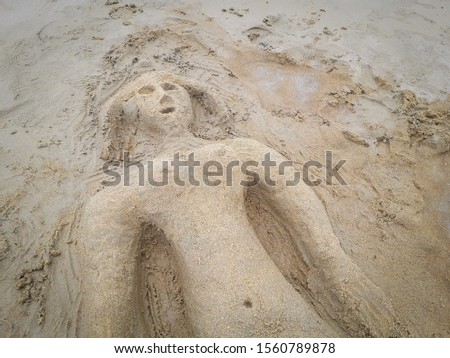Sculpture in the sand of Porto de Galinhas under the intense sun. High brightness.