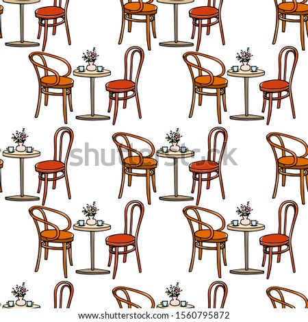 Vector seamless pattern with set of  hand drawn coffee tables and vintage chairs. Lovely scene of retro cafe. Ink drawing, graphic style. Beautiful design elements, perfect for prints and patterns