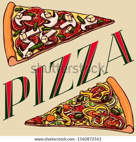 Colorful hand drawn vector realistic pizza slices and lettering. Good for wrapping paper, wallpapers at cafe, pizzeria or bakery
