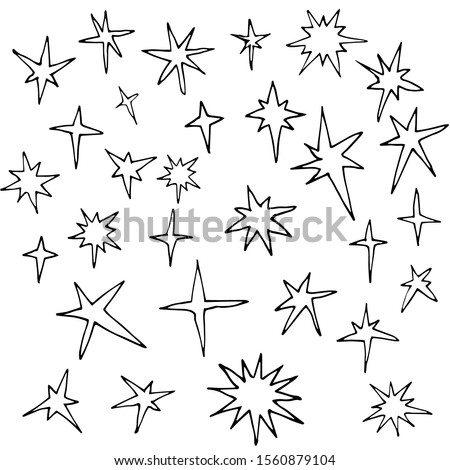 set of simple cosmic or Christmas stars, Doodle with black contour lines, vector illustration isolated on white background in hand drawn style