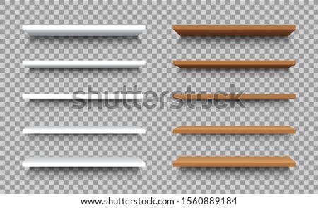 Empty shelf for stand box for store, advertising merchandising. 3d white blank showcase display in mockup style for interior house. Bookcase, store rack on isolated background. Wood shelves. vector Royalty-Free Stock Photo #1560889184